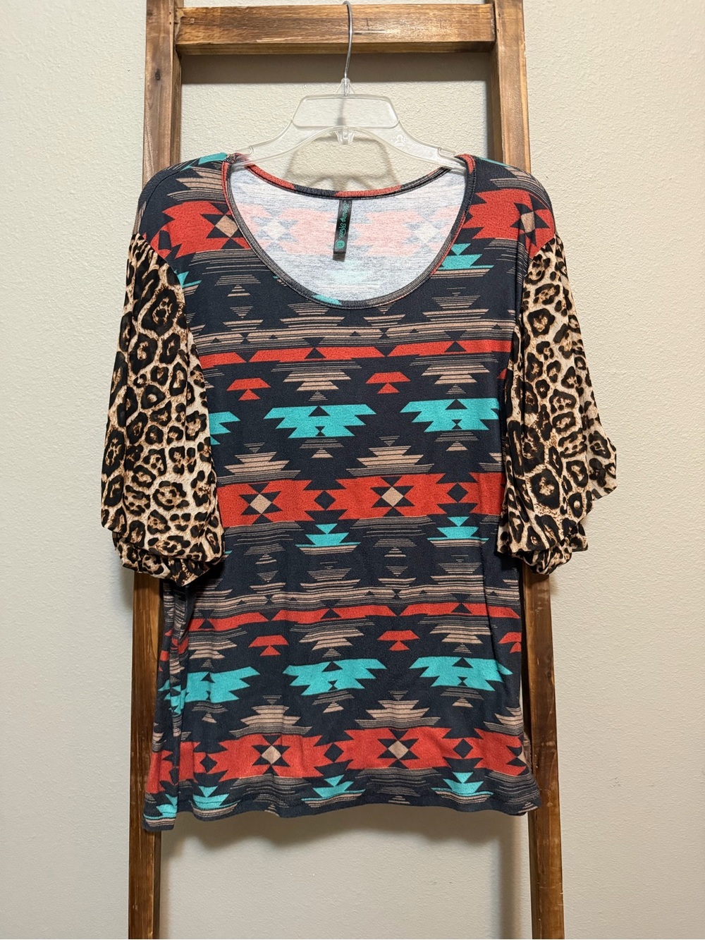 Scoop Neck Aztec Tunic with Leopard Sleeve Contrast - Black/Red/Turquoise